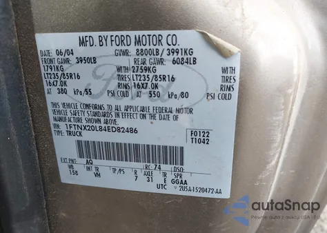 2004 Ford F-250 Lariat/Xl/Xlt z USA, uszkodzony, nr VIN 1FTNX20L84ED82486